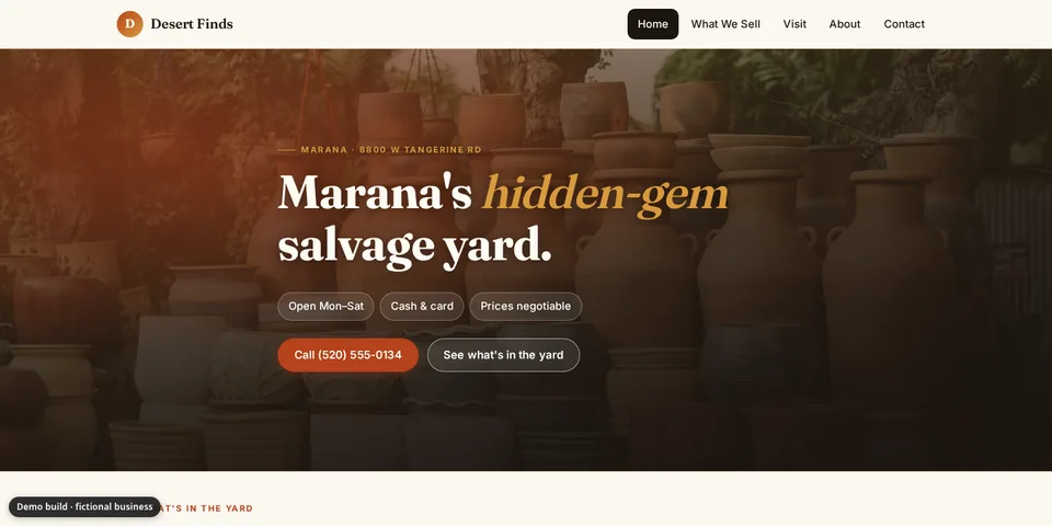 Demo site for Desert Finds Salvage & Pottery, a fictional salvage yard business