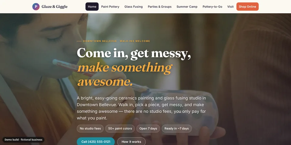 Demo site for Glaze & Giggle Studio, a fictional paint-your-own pottery business