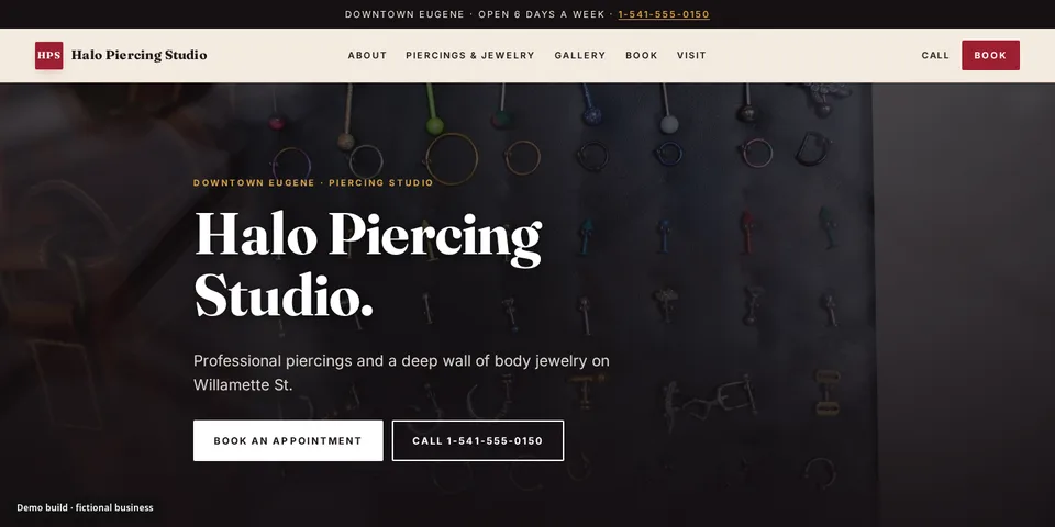 Demo site for Halo Piercing Studio, a fictional piercing studio business