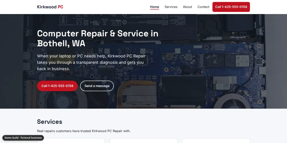Demo site for Kirkwood PC Repair, a fictional computer repair business