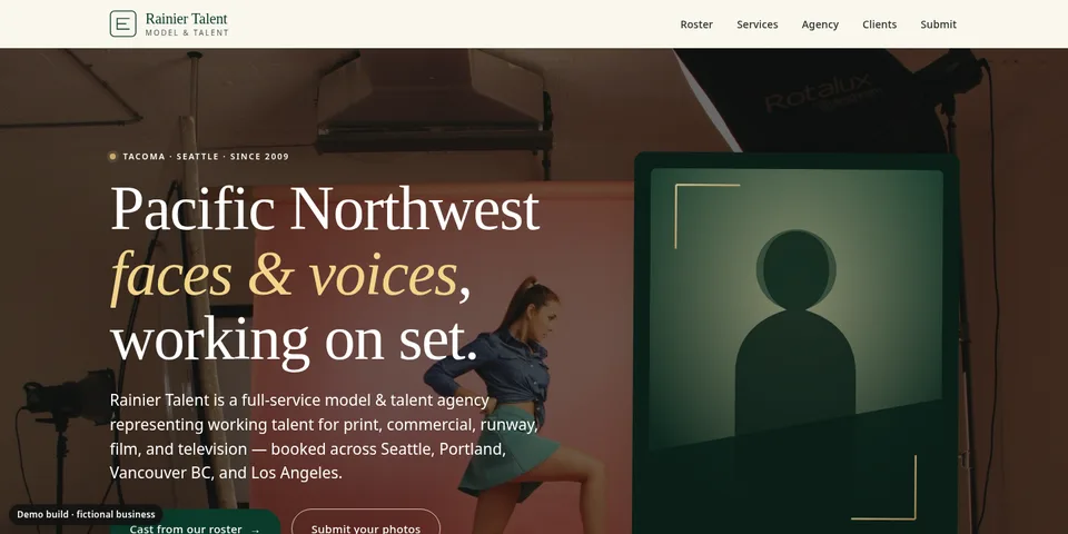 Demo site for Rainier Talent Group, a fictional talent agency business