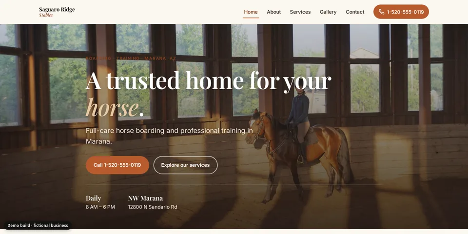 Demo site for Saguaro Ridge Stables, a fictional horse boarding business