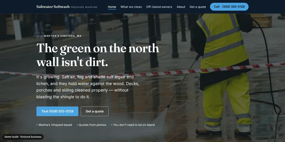 Demo site for Saltwater Softwash, a fictional pressure washing business