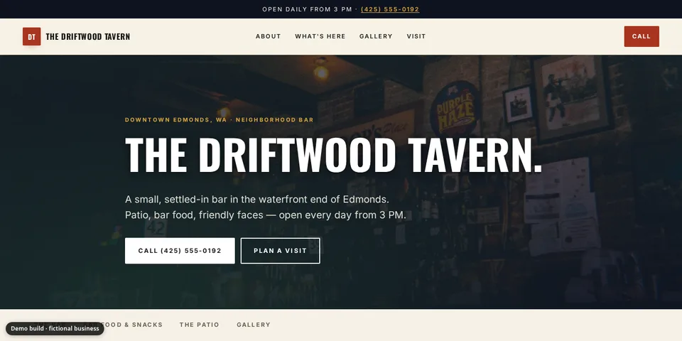 Demo site for The Driftwood Tavern, a fictional neighborhood bar business
