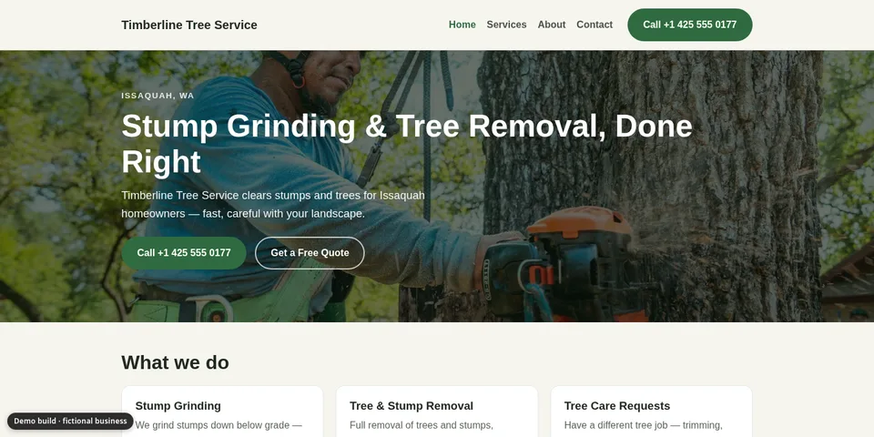 Demo site for Timberline Tree Service, a fictional tree & stump removal business
