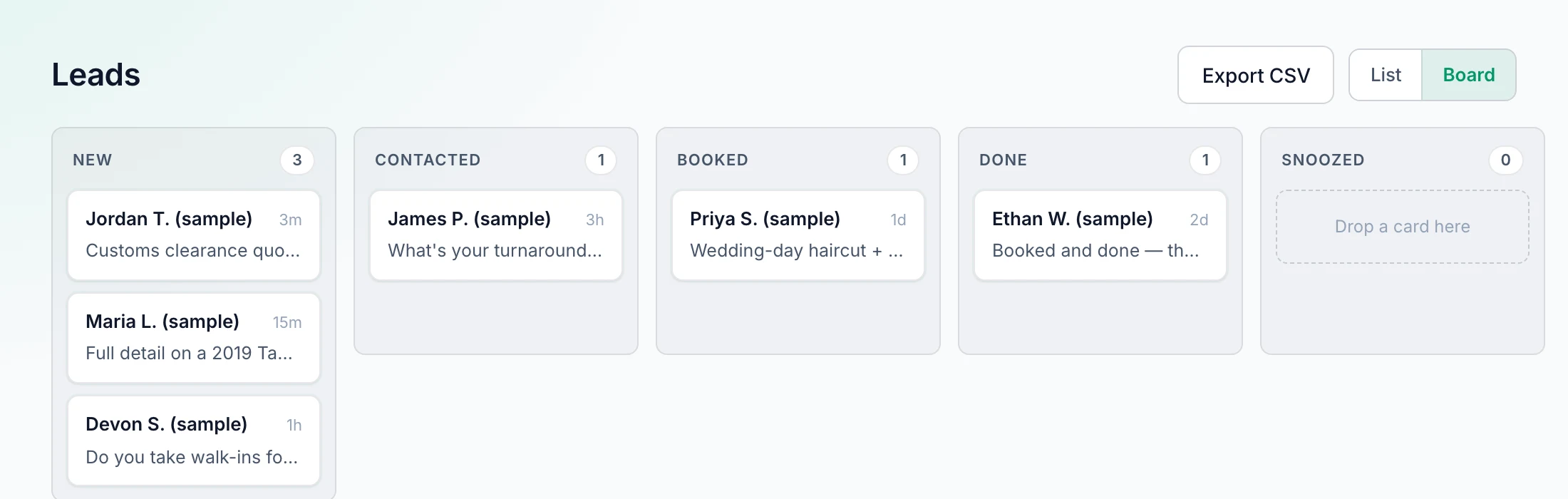 Mato CRM leads board showing New, Contacted, Booked and Done columns with sample leads and the CSV export button